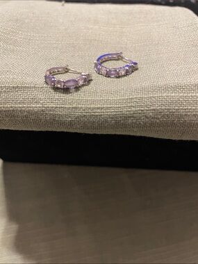 Stainless steel Amethyst stone Loop earrings with rhinestones.